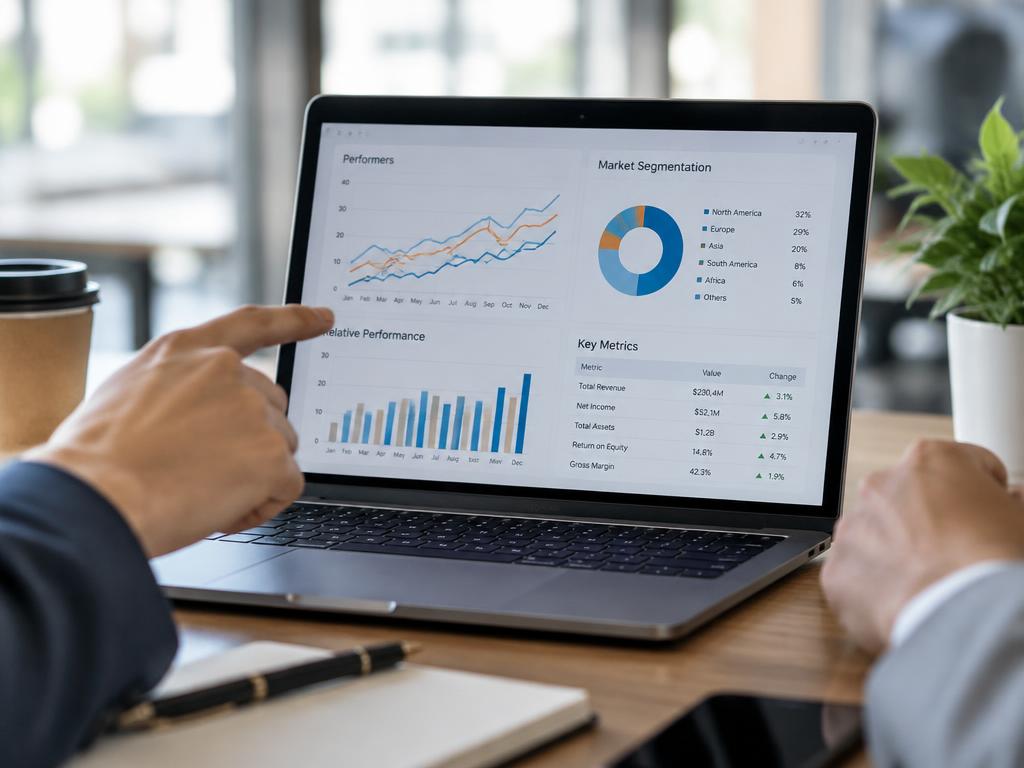 Laptop screen showing market analysis charts and key metrics