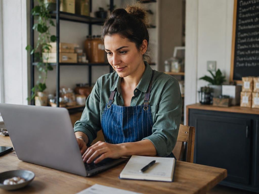 Small business owner answering simple questions on a laptop